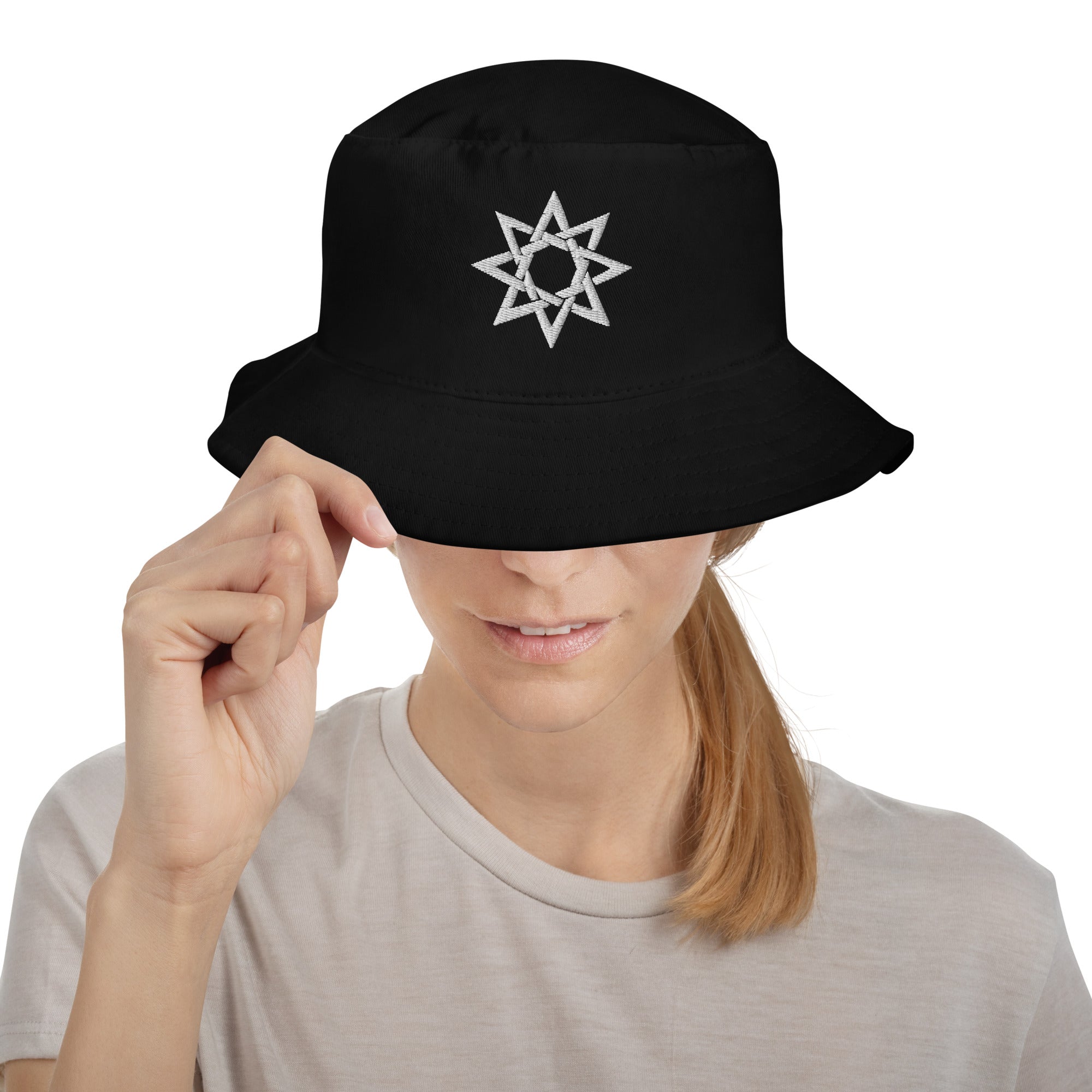 White 8 Point Star Octagram Anu God of the Heavens Occult Symbol Embroidered Bucket Hat