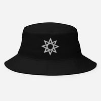 Black bucket hat with White 8 Point Star Octagram Anu God of the Heavens Occult Symbol embroidered artwork, front view
