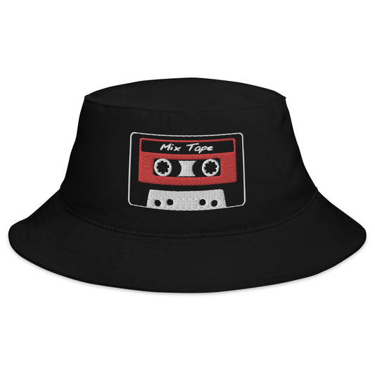 Black bucket hat with 80's Style Mix Tape embroidered artwork, front view