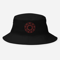 Black bucket hat with Red 9 Point Star Pentagram Occult Symbol embroidered artwork, front view
