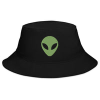 Black bucket hat with Alien Face Little Green Men embroidered artwork, front view