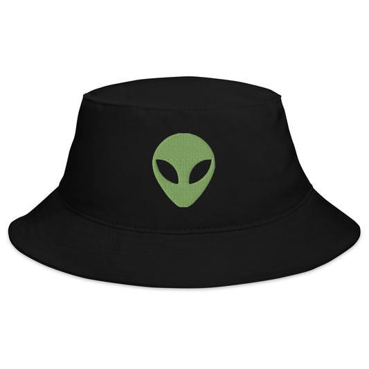 Black bucket hat with Alien Face Little Green Men embroidered artwork, front view