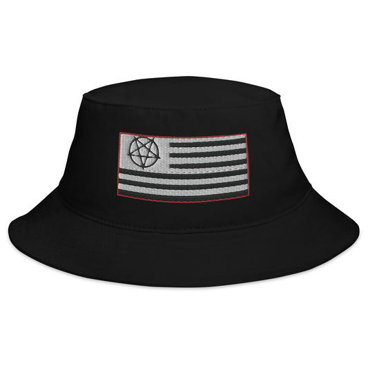 Black bucket hat with American Satanist Inverted Pentagram U.S. Flag embroidered artwork, front view