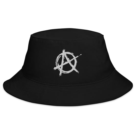 Black bucket hat with White Anarchy Sign Punk Rock Chaos embroidered artwork, front view
