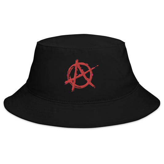 Black bucket hat with Red Anarchy Sign Punk Rock Chaos embroidered artwork, front view