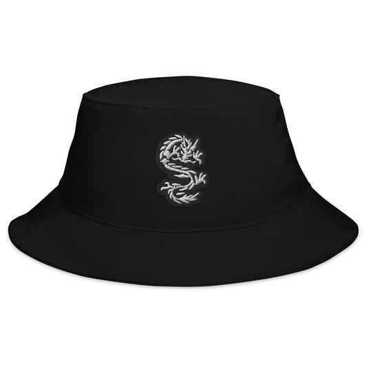 Black bucket hat with White Ancient Chinese Dragon embroidered artwork, front view
