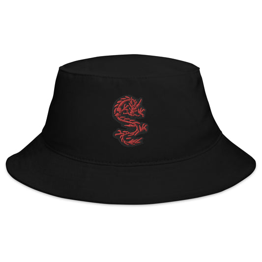 Black bucket hat with Red Ancient Chinese Dragon embroidered artwork, front view