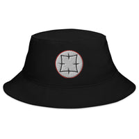 Black bucket hat with Ancient Japanese Symbol embroidered artwork, front view