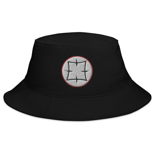 Black bucket hat with Ancient Japanese Symbol embroidered artwork, front view