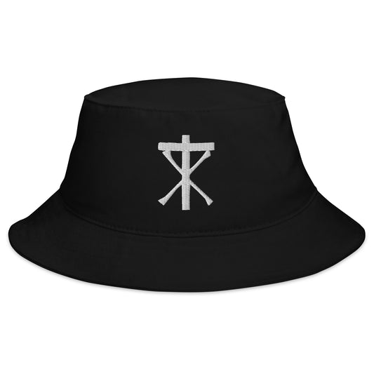 Black bucket hat with Anti Christian Bone Cross embroidered artwork, front view