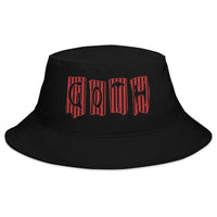 Black bucket hat with Black and Red Vertical Stripe Goth embroidered artwork, front view