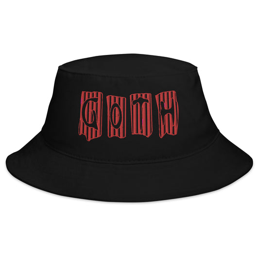 Black bucket hat with Black and Red Vertical Stripe Goth embroidered artwork, front view