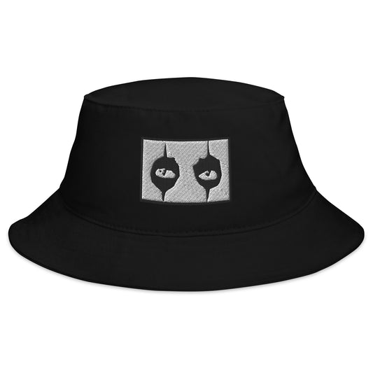 Black bucket hat with Black Eyeliner The Eyes of Alice Cooper embroidered artwork, front view