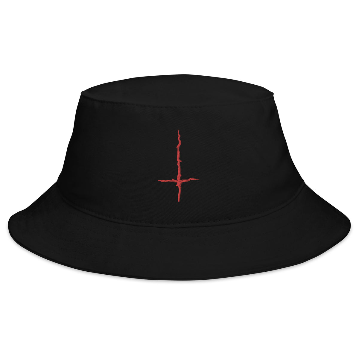 Black bucket hat with Red Inverted Cross Black Metal Style embroidered artwork, front view