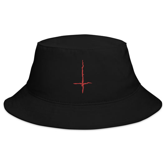 Black bucket hat with Red Inverted Cross Black Metal Style embroidered artwork, front view