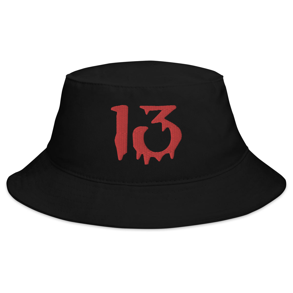 Black bucket hat with Bloody Number Thirteen 13 Lucky Halloween embroidered artwork, front view