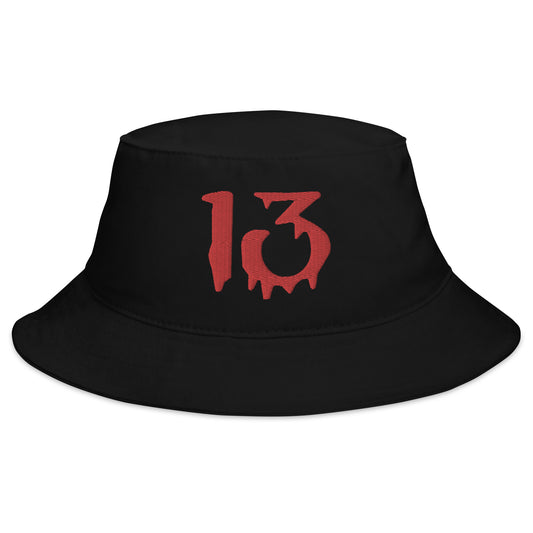 Black bucket hat with Bloody Number Thirteen 13 Lucky Halloween embroidered artwork, front view