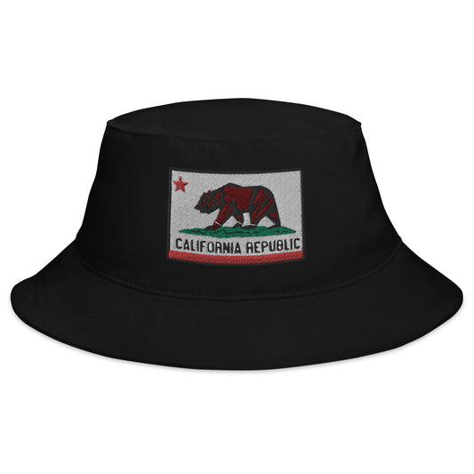 Black bucket hat with California U.S. State Flag embroidered artwork, front view