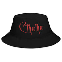 Black bucket hat with Call of Cthulhu The Great Old Ones embroidered artwork, front view