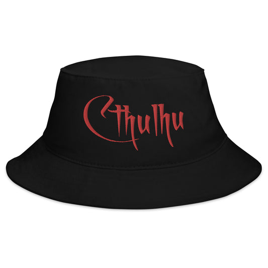 Black bucket hat with Call of Cthulhu The Great Old Ones embroidered artwork, front view