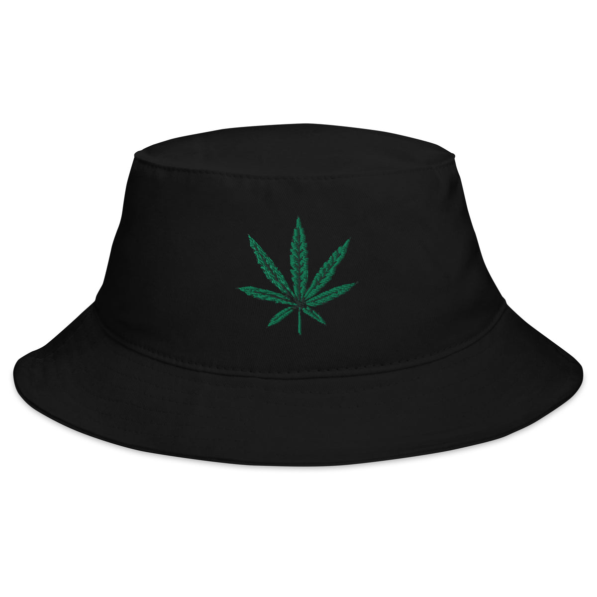 Black bucket hat with Cannabis Pot Leaf Marijuana embroidered artwork, front view