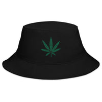 Black bucket hat with Cannabis Pot Leaf Marijuana embroidered artwork, front view