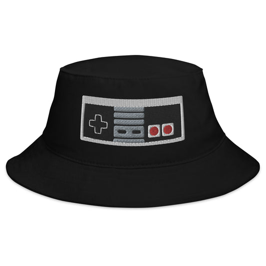 Black bucket hat with Classic 80's Game Controller embroidered artwork, front view