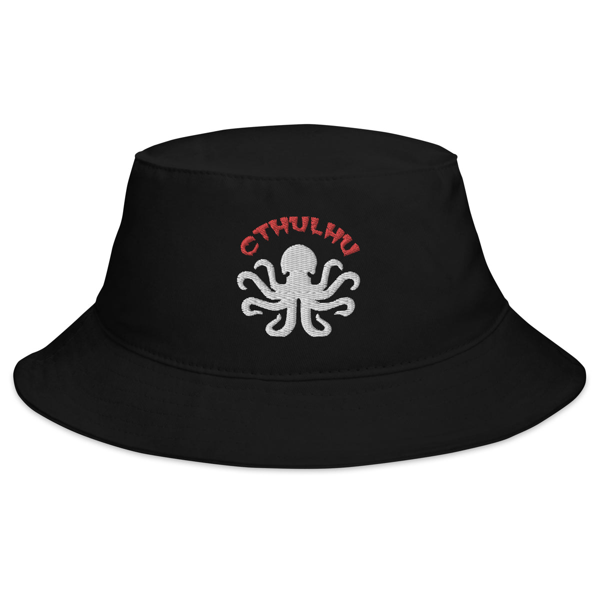Black bucket hat with Cthulhu The Elder Gods embroidered artwork, front view