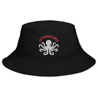 Black bucket hat with Cthulhu The Elder Gods embroidered artwork, front view