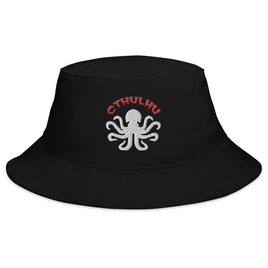 Black bucket hat with Cthulhu The Elder Gods embroidered artwork, front view