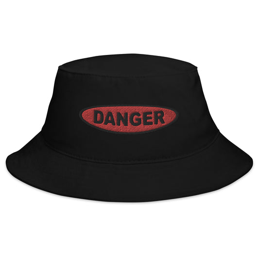 Black bucket hat with Red Danger Sign embroidered artwork, front view