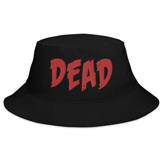 Black bucket hat with Red DEAD Emotional Depression embroidered artwork, front view
