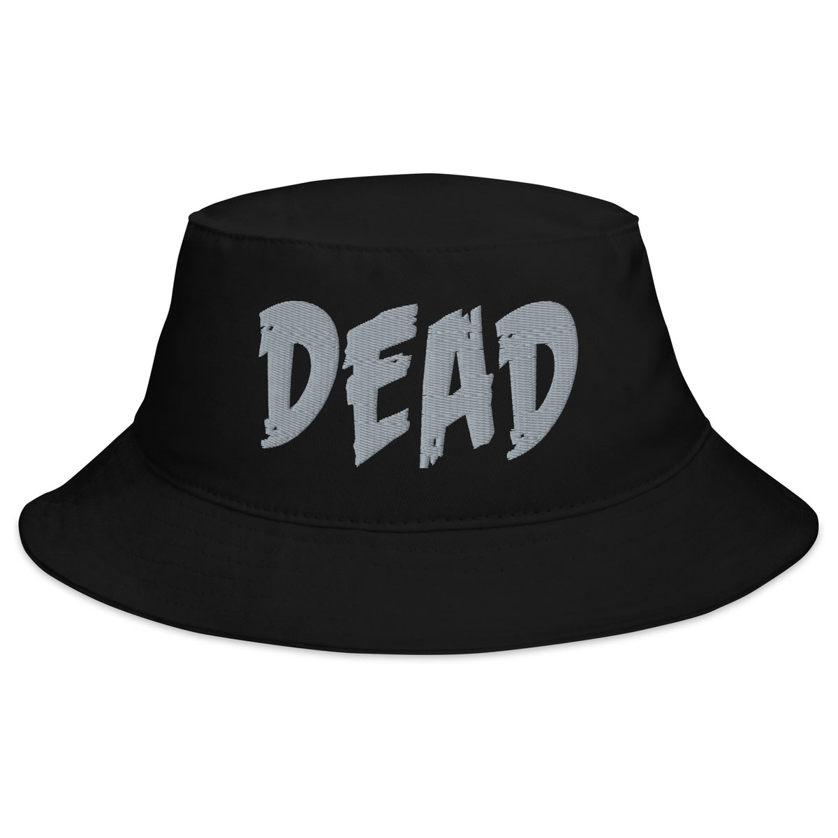 Black bucket hat with Grey DEAD Emotional Depression embroidered artwork, front view