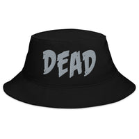 Black bucket hat with Grey DEAD Emotional Depression embroidered artwork, front view