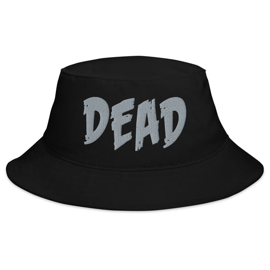Black bucket hat with Grey DEAD Emotional Depression embroidered artwork, front view