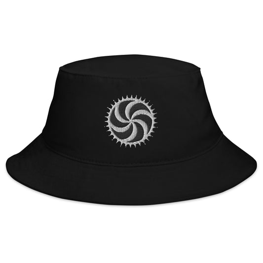 Black bucket hat with White Deadly Swirl Spike Symbol embroidered artwork, front view