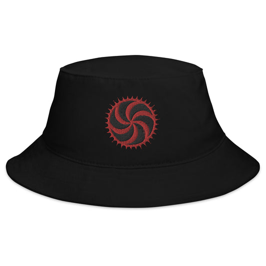 Black bucket hat with Red Deadly Swirl Spike Symbol embroidered artwork, front view