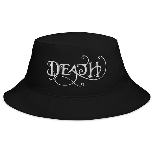 Black bucket hat with Whimsical Death embroidered artwork, front view