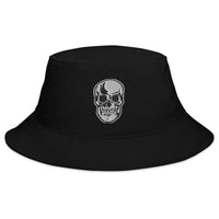 Black bucket hat with Death Skull Horror Style embroidered artwork, front view