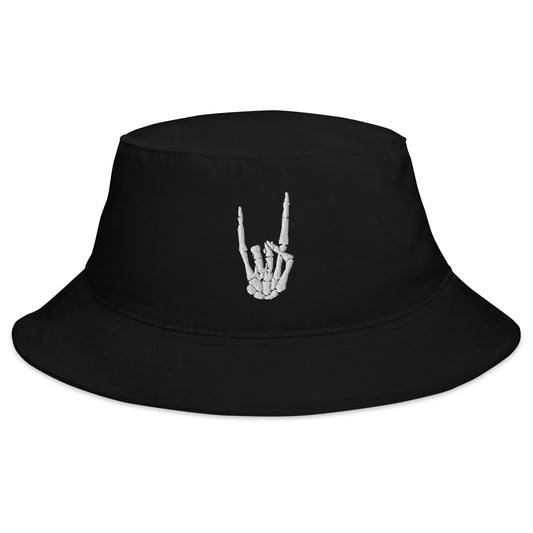 Black bucket hat with Devil Horns Bone Hand embroidered artwork, front view