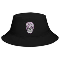Black bucket hat with Dia De Los Muertos Day of the Dead Sugar Skull embroidered artwork, front view