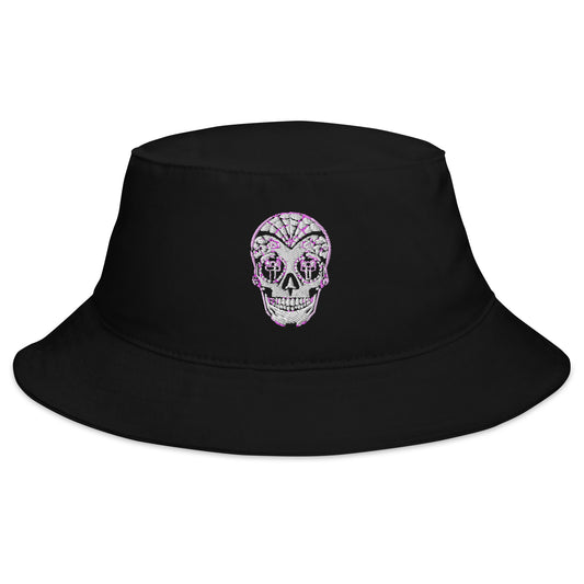 Black bucket hat with Dia De Los Muertos Day of the Dead Sugar Skull embroidered artwork, front view