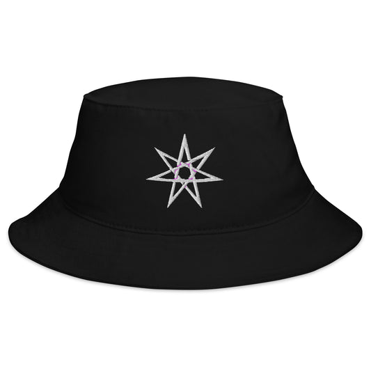 Black bucket hat with White Elven Star embroidered artwork, front view
