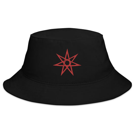 Black bucket hat with Red Elven Star embroidered artwork, front view