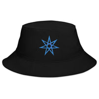 Black bucket hat with Blue Elven Star embroidered artwork, front view