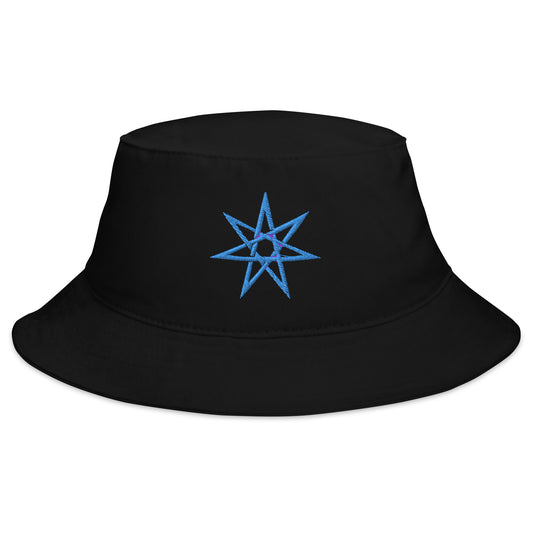 Black bucket hat with Blue Elven Star embroidered artwork, front view