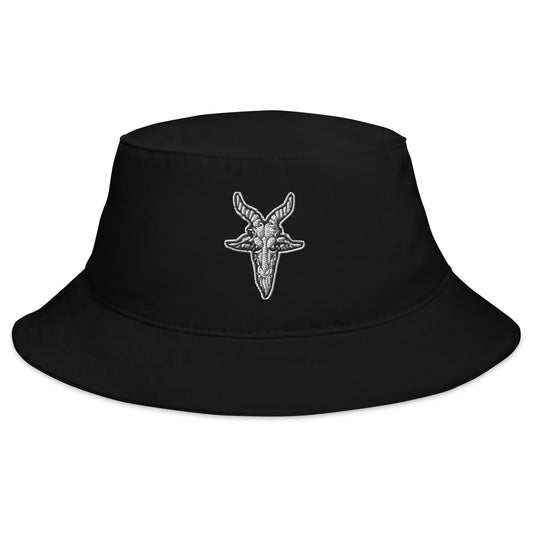 Black bucket hat with Evil Goat Head Baphomet embroidered artwork, front view
