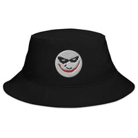 Black bucket hat with Evil Grin Joker embroidered artwork, front view