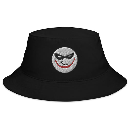 Black bucket hat with Evil Grin Joker embroidered artwork, front view