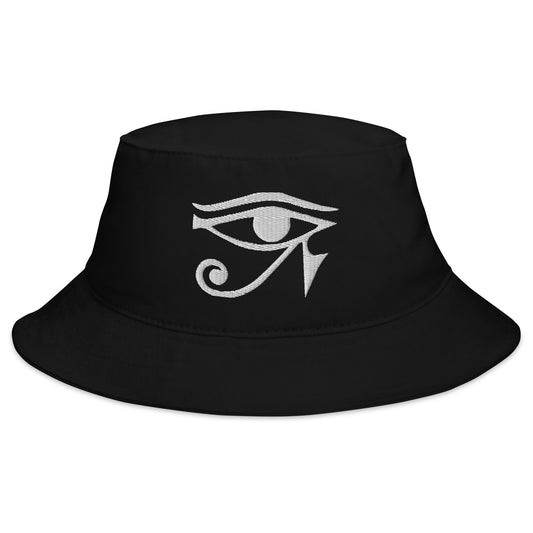 Black bucket hat with White Eye of Ra Egyptian Goddess embroidered artwork, front view